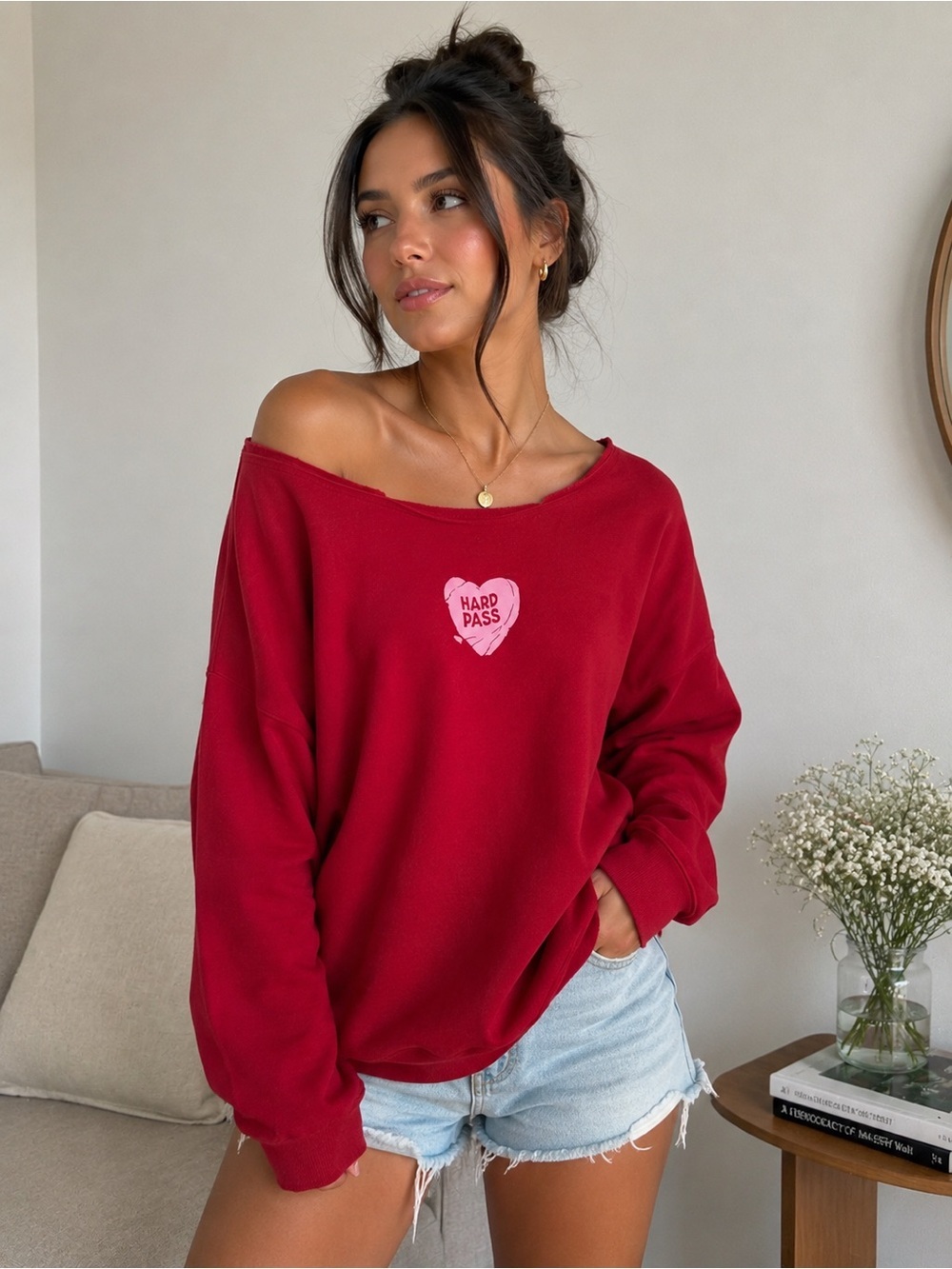 Wild Fable Hard Pass Graphic Sweatshirt Women’s Medium Red Off-the-Shoulder Pull